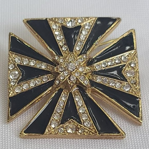 Vintage 1940s Black Enamel & Rhinestone Maltese Cross Brooch/Pendant Enhancer - Picture 3 of 6